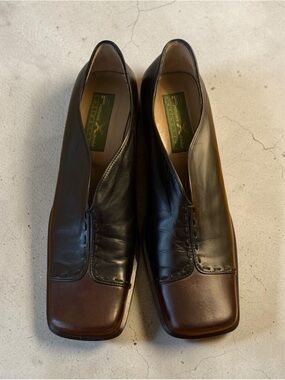 François Xavier Women's Leather Two-Tone Black and Brown Platform Slip-On Heels
